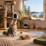 Interior de casa preparada para un cachorro de Maine Coon con rascador estable, ventana protegida y cables ocultos