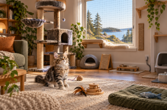 Interior de casa preparada para un cachorro de Maine Coon con rascador estable, ventana protegida y cables ocultos