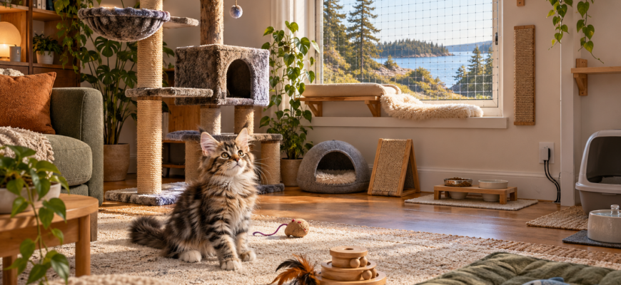 Interior de casa preparada para un cachorro de Maine Coon con rascador estable, ventana protegida y cables ocultos